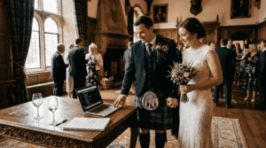 Couple choosing playlist in Scottish castle