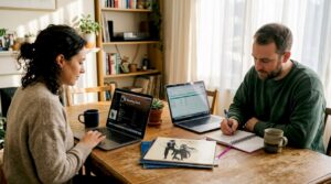 Couple planning wedding playlist at home