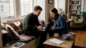 Couple planning wedding music at home