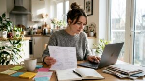 Woman reviewing wedding checklist at kitchen table