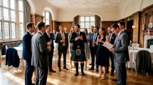 Scottish wedding guests with MC in elegant ballroom