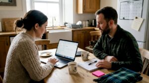 Scottish couple planning wedding DJ at kitchen table