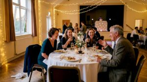 Guests laughing at decorated wedding tables