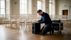 Technician setting up wedding sound system