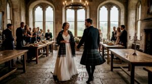 Couple enjoying wedding at Scottish castle