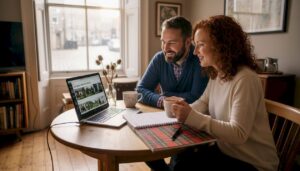 Scottish couple planning wedding on laptop