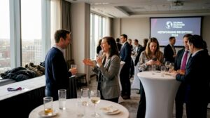 Professionals networking at a corporate event