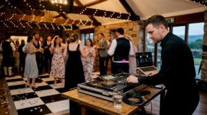 Scottish wedding DJ mixing music during dance
