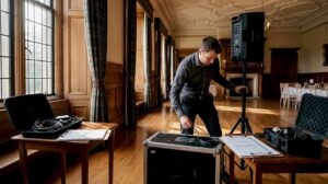 Wedding DJ preparing ballroom equipment in Scottish venue