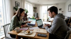 Couple planning wedding budget at home