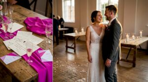 Bride and groom sharing candid wedding moment