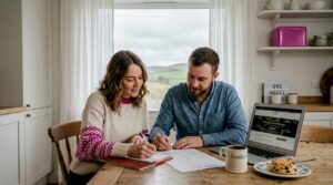 Couple planning Scottish wedding timeline at kitchen table