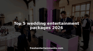 Wedding DJ sets up entertainment in busy reception hall