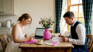 Couple planning Scottish wedding at kitchen table