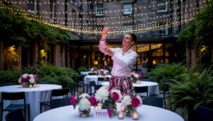 Coordinator sets up wedding lighting in barn