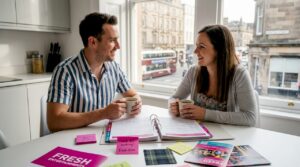 Couple planning Scottish wedding at kitchen table