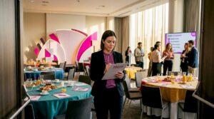 Event coordinator checks agenda at corporate event