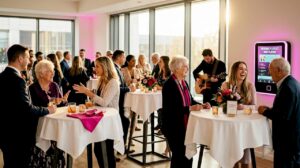 Wedding guests interact in lively modern venue