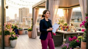 Event planner assessing lighting in empty venue