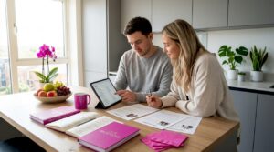 Couple reading wedding testimonials at home