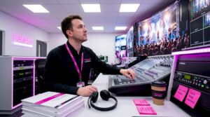 Technician managing event production control room