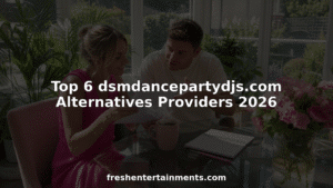 Couple planning wedding DJ services at home