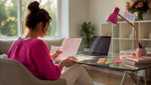 Woman planning wedding with laptop and checklist