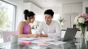 Couple planning wedding schedule at dining table