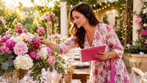 Wedding planner adjusting chandelier in ballroom