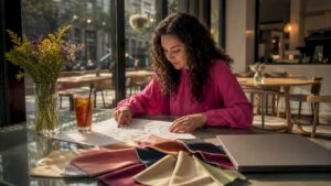 Wedding planner reviewing lighting plan