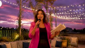 Female event MC hosting ceremony on stage